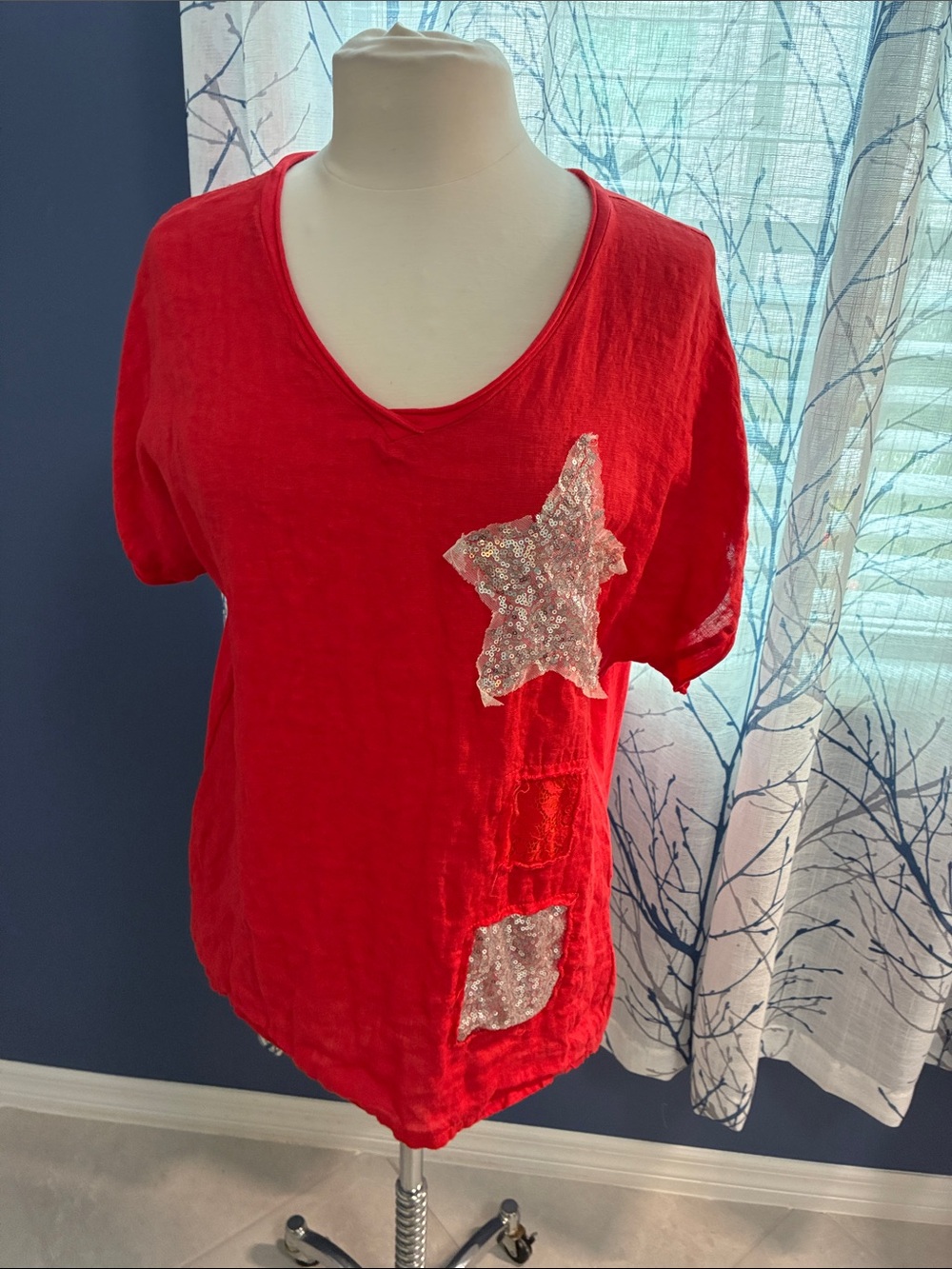 Marisima Red V-Neck Sequin Star Tee